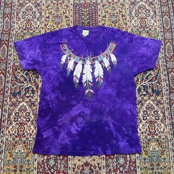 American Vintage Other - VTG 90s Ragtops‎ feather necklace royal purple tie dye tee shirt L USA pattern
